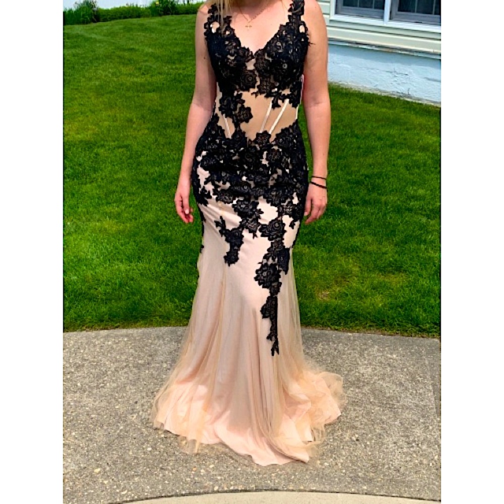 Jovani Nude and Black Lace Prom Dress